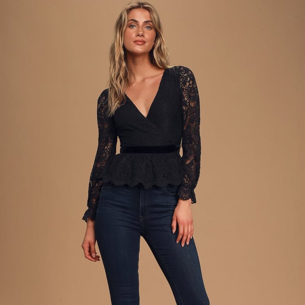 Ali & Jay Andie Black Lace Long Sleeve Peplum Top.